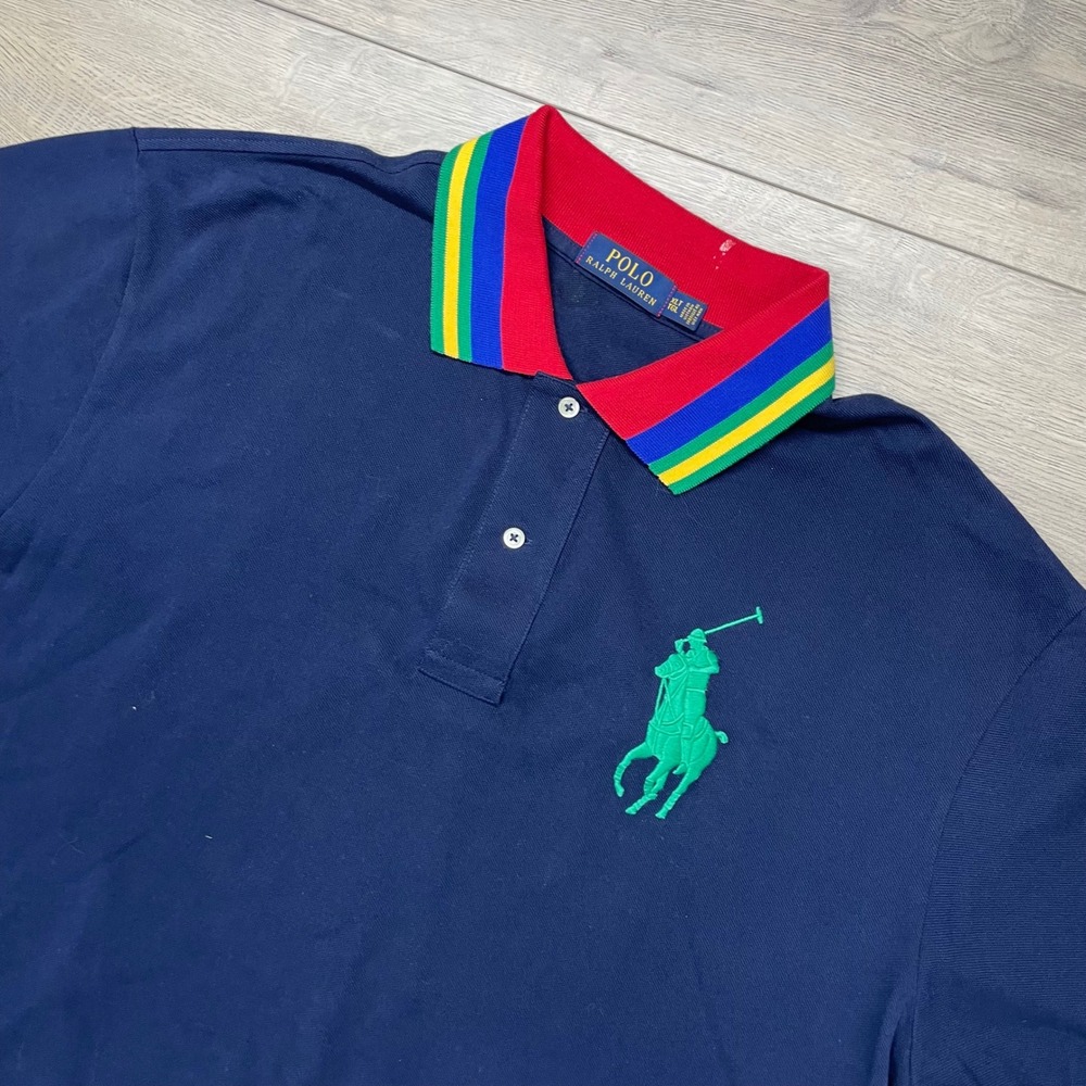 Polo Ralph Lauren Polo Shirt Mens XLT Blue Big Pony Multi Color Stripe Collar